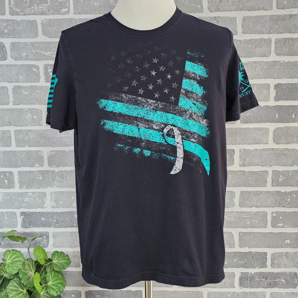 Grunt Style American Flag Cancer Awareness T-Shirt Mens XL Graphic Tee Patriotic